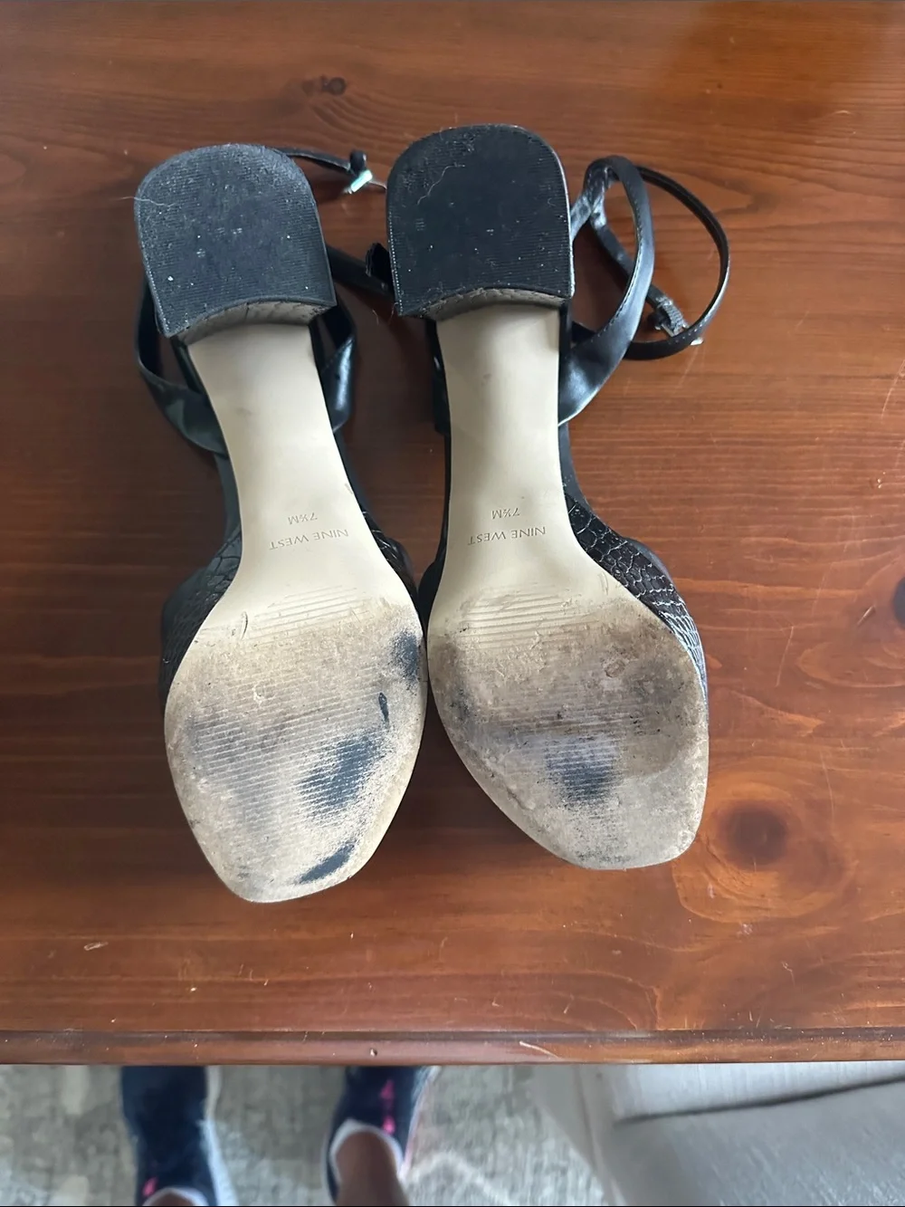 Nine West Black Leather Platform Block Heels with Ankle Strap